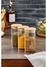Resim Cooker 3'lü 300 Ml Bambu Kapaklı Borosilikat Cam Kavanoz Ckr3896 Bej 