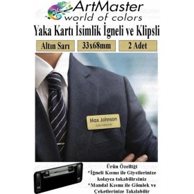 Resim ArtMaster Iğneli ve Klipsli Isimlik Altın Sarı 2 Adet Yaka Isimliği Personel Yaka Kartı Şirket Isimliği 68X33CM Işyeri Büro Ofis 