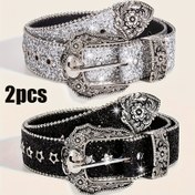 Resim 2 adet Vintage Glitter Sequin Kemerler - Siyah ve Altın Çiçek Desenli, Ayarlanabilir Alaşım Toka, Partiler, Rahat Gezintiler ve Günlük Giyim için Mükemmel, Parti Aksesuarı, Zarif Aksesuar, Parlayan Detaylar 