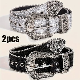 Resim 2 adet Vintage Glitter Sequin Kemerler - Siyah ve Altın Çiçek Desenli, Ayarlanabilir Alaşım Toka, Partiler, Rahat Gezintiler ve Günlük Giyim için Mükemmel, Parti Aksesuarı, Zarif Aksesuar, Parlayan Detaylar 