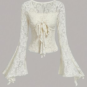 Resim Kadınlar için şık çiçek desenli dantel bluz - Ruched kollu, V-yaka, dar kesim, astar yok, her mevsim için mükemmel, şık parti kıyafeti | Çiçek desenli dantel üst | Ruched kollu bluz 