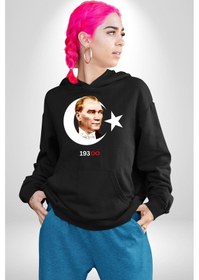 Resim Atatürk Türk Bayrağı Sonsuzluk Kadın Erkek Siyah Kapüşonlu Sweatshirt Hoodie Siyah 