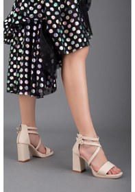 Resim Dilimler Ayakkabı Saten Tek ve Çapraz Bant Bej Kadın Platform Topuk Abiye Ayakkabı-2271-Bej 