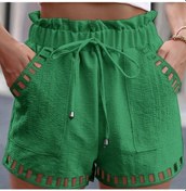 Resim Pamuk Keten Şort Kadın Pantolon Düz Renk Ince Hollow Out Tasarım Trim Cep Sıkı Bel Şort Beachwear Beyaz Yeşil 