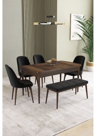 Resim Ikon Barok Desen 80x132 Mdf Açılabilir Yemek Masası Takımı 4 Sandalye, 1 Bench Siyah 