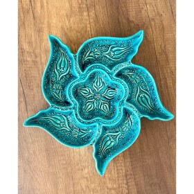 Resim Mugusa Hediyelik El Yapımı Çini Seramik Kabartma Desenli Rüzgargülü Turkuaz / Yeşil Çerezlik - Kahvaltılık 