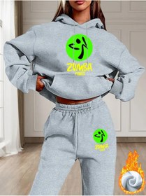 Resim WOODROFFE Kadın Zumba Fitnes Baskılı Alt Üst Oversize Kadın Kapüşonlu Gri Siyah Eşofman Takımı 