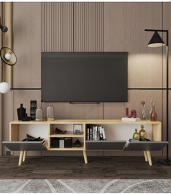 Resim Latina Ahşap Ayaklı Tv Ünitesi Tv Sehpası 180 Cm Safir Meşe - Antrasit Safir - Antrasit 