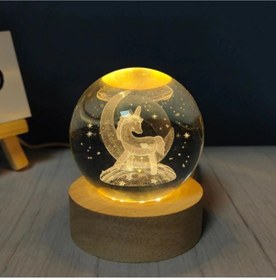 Resim 3d Kristal Cam Küre Ahşap Kaideli Gece Lambası - Unicorn 