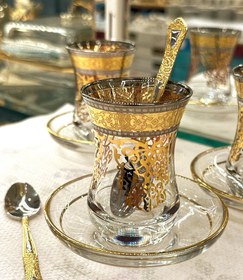 Resim Zarafetin Buluştuğu Set: 6 Kişilik Altın ve Gümüş İşlemeli Türk Çay Takımı - 6 bardak & 6 tabak & 6 kaşık 