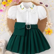 Resim 1-8Y Kızlar Preppy Yaka Kısa Kollu Gömlek + Plise Kısa Etek 2'li Takım 
