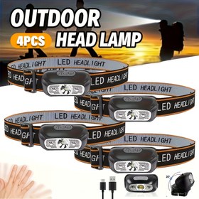 Resim 4 Adet Şarj Edilebilir Güçlü LED Baş Lambası, Hareket Sensörlü Mini El Feneri, USB ile Şarj Edilebilir Taşınabilir Kamp ve Balıkçılık Arama Işığı 