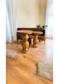 Resim Wood Ahşap 2'li Set Mantar Yan Sehpa / Tik Ağacı Renk 