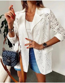 Resim CNG MODA Kadın Güpürlü Ekru Blazer Yazlık Ceket 