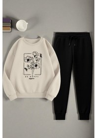 Resim Uyguntarz Unisex Kurdele Tasarım Baskılı Bisiklet Yaka Sweatshirt 2'li Eşofman Takımı Bej 
