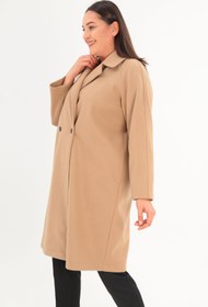 Resim Bushe Butik Büyük Beden Düğmeli Detaylı Kaşe Bej Kaban 