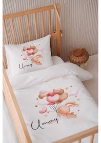 Resim %100 Pamuk Saten Isme Özel Isimli 100x150 Bebek Yatak Nevresim Seti Balon Tutan Sevimli Tavşan 
