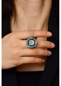 Resim Roza Silver Mix Taşlı Rodyum Nazar Boncuğu Gümüş Kolye 