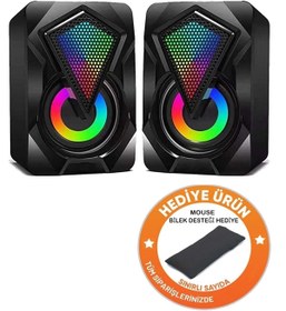 Resim Zineets Bilgisayar Hoparlörü Rgb Led Işıklı Gaming Oyuncu Hoparlörü 3.5mm Jack Usb Speaker 1+1 Ses Sistemi 