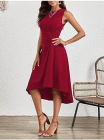 Resim Kadın Sıfır Kollu Bisiklet Yaka Büzgülü Asimetrik Kesim Detaylı Janjan Krep Elbise Kırmızı 
