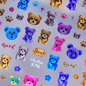 Resim 1 Adet Kedi Gözü Karikatür Tırnak Çıkartması - Kendinden Yapışkanlı, Sevimli Çok Renkli Simli Ayı Desenleri, DIY Aksesuar Dekorları 