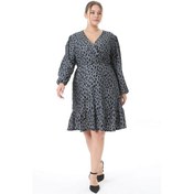 Resim Kadın Gri Siyah Benek Desen Kruvaze Yaka Balon Kol Büyük Beden Esnek Elbise Gri 