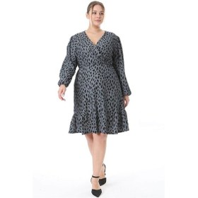 Resim Kadın Gri Siyah Benek Desen Kruvaze Yaka Balon Kol Büyük Beden Esnek Elbise Gri 