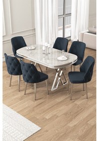 Resim Canisa Afe Serisi 90x168 Lak Panel Beyaz Mermer Desen Krom Ayak Masa Takımı 6 Antrasit Sandalye Beyaz Mermer Desen Masa Sandalyeler Antrasit 