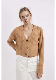 Resim Defacto Regular Fit V Yaka Basic Düz Düğmeli Triko Hırka R1389AZ24WNBN268 Kahve 