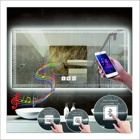 Resim Dnr-Mirror70x90 Cm Günışığı Ledli Tasarım Kumlamalı Dokunmatik Bluetoothlu Buğu Önleyicili Makyaj Banyo Aynası 