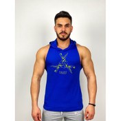 Resim Mavi Erkek Regular Fit -Trust Sword- Baskılı Kapüşonlu Kolsuz Sporcu Hoodie 