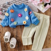 Resim 2 Adet Kızlar İçin Sonbahar/Kış Örgü 3D Çiçek Yuvarlak Yaka Üst + Düz Paça Pantolon Takımı, Günlük ve Açık Hava Giyimi için Mükemmel 
