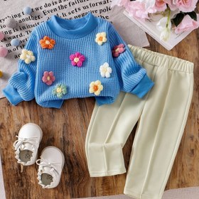 Resim 2 Adet Kızlar İçin Sonbahar/Kış Örgü 3D Çiçek Yuvarlak Yaka Üst + Düz Paça Pantolon Takımı, Günlük ve Açık Hava Giyimi için Mükemmel 