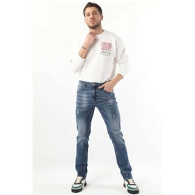 Resim Erkek Dizi Yırtık Boyalı Jean Pantolon Mavi 001 