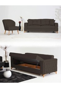 Resim Nola Koltuk Takımı 3+1 & Bazalı Yataklı Koltuk & Kanepe - Keten Kahverengi Koyu Kahverengi 