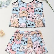 Resim Kadınlar için Tümüyle Kedi Desenli Fırfırlı Sevimli Pijama Takımı, Yuvarlak Yaka Sırtı Açık Kısa Üst ve Şort, Rahat Gevşek Kesim, Yazlık Gecelik 