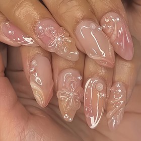 Resim 24 adet Lüks Tatlı Serin Yüksek Kaliteli Tasarım Çiçek Su Damlası Dokulu Parıltılı Süslemeler - Işık Sarı ve Nude Renk Blokajı - Badem Şekilli Kısa Tırnak Uçları Kadınlar ve Kadınlar Hediye için Uygun 