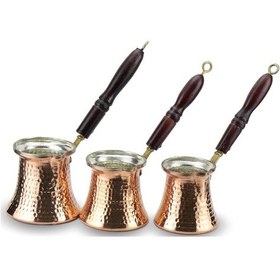 Resim Ahşap Saplı Üçlü Bakır Cezve Takımı 3-4-5 Fincanlık 