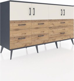 Resim Kronos Konsol 4 Raflı 6 Çekmeceli 4 Kapaklı 176x59x99 Antrasit-aytaşı/çam Aytası/atlas Çam - Antrasıt 