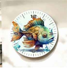 Resim Renkli Baskı Balık Desenli Sayılı Hediyelik Ahşap Sessiz Duvar Saati 50cm ÇOk Renkli 