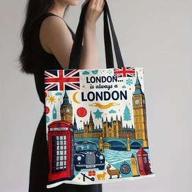 Resim 1 Adet Kadınlar İçin Yeniden Kullanılabilir Alışveriş Çantası - Big Ben, Kırmızı Telefon Kulüpleri & Union Jack Temalı Londra Tasarımı, Dayanıklı Polyester Büyük Kapasiteli Alışveriş Çantası, Seyahat, Günlük Kullanım için Rahat Taşıma, Canlı Desen, Eğlenceli İllüstrasyonlar, Sağlam Saplar, Yıkanabilir Kumaş 