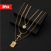 Resim Erkekler için Moda Paslanmaz Çelik Kolye Seti - 3 Parça Kolye Koleksiyonu, Fleur-De-Lis, Ankh ve Şeytan Gözü Şanslı - Antik Yılan Kemiği Zincir, Kalp Süslemesi ve Moda Aksesuarları 