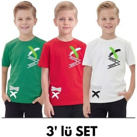 Resim Fyk Kids 3'lü White Yazı Baskılı Yuvarlak Yaka Kısa Kollu Erkek Çocuk Yazlık Tişört Yeşil - Kırmızı 