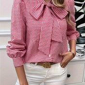 Resim Kadınlar İçin Şık Ekose Desenli Fiyonklu Bluz - Kısa Puf Kollu Yaka Gömlek Ceket, Yeşil & Beyaz Kare Desen, Yapılandırılmış Düğmeli Ön Ceket, İlkbahar Yaz Sonbahar için, Gündelikten Resmi Kıyafete (Makinede Yıkanabilir) 