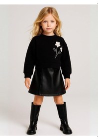 Resim Kız Çocuk Çiçek Desenli Sweatshirt-16127 Siyah 