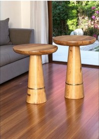 Resim ASELYA HOME Doğal Ahşap 2'li Set Gold Detaylı Mantar Yan Sehpa Modern Fiskos Zigon Çiçeklik 