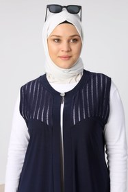 Resim Kadin Buyuk Beden Transparan Taşlı Uzun Yelek - Lacivert / L 
