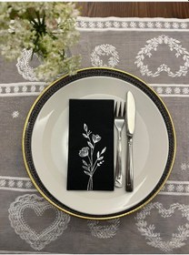 Resim Gümüş Yaldızlı Siyah Gelincik Çiçeği Baskılı Garson Katlama Peçete 16 Lı 