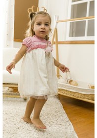 Resim Tül Gül Detaylı Bayramlık Kız Bebek Çocuk Elbise 13628 