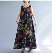 Resim Yaozixa 2022 Yaz Yeni Stili Klasik Büyük Beden Rahat Baskılı Pamuk Keten Yaka Kol Yok Elbise Kadın Orta Uzunluk Lacivert M Diğer 